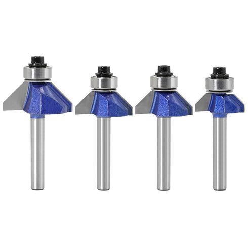 Yakamoz Industrial Grade 4Pcs Router Bit Set, 1/4 Inch Shank 45 Degree Chamfer with Top Bearing for Woodworking