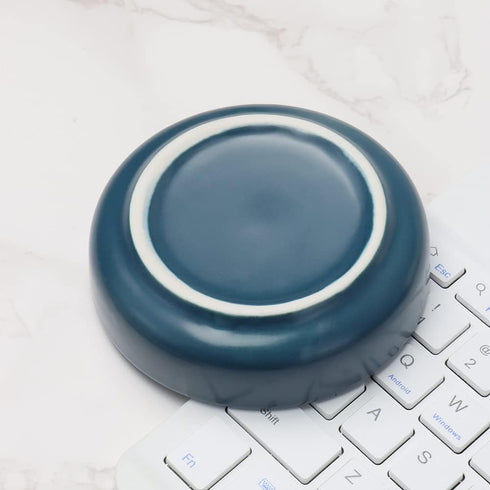 MEI YI TIAN Small Ceramic Paperclip Holder for Desk, Round Macaron Navy Blue Paper Clip Dispenser, Cute Storage Plate