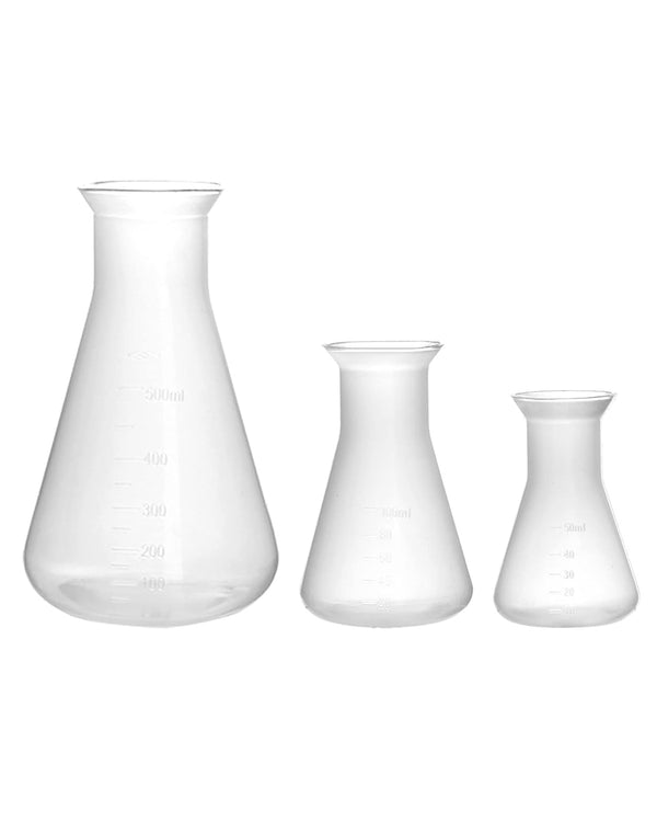 QWORK Erlenmeyer Flask, 3 Pack Clear Plastic Conical Flask for Educational Lab, 50ml+100ml+500ml Capacity