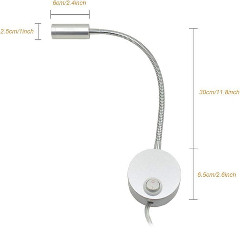 WeFoonLo 3W (01 Wall Mounted Reading Light Flexible Gooseneck LED Sconce Lamp with Plug & Switch for Bedroom, Office