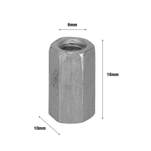 M6 Straight Fitting Nut Coupling, Hex Zinc Plated, 10pcs (M6 X18mm)