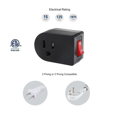 Grounded Outlet with ON Off Switch (2 Pack), Single Power Adapter Outlet Switch, 15A 1875W/3 Prong Plug