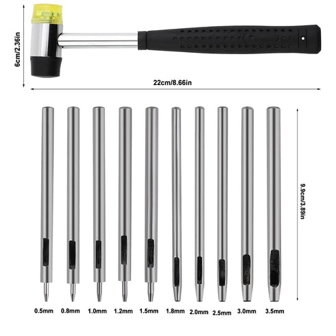 10 Pcs Leather Hole Punch Tool Set, 0.5mm-3.5mm Round Hole Punch Working Tools with Double Head Plastic and Rubber Hammer for Leather Belts, Canvas, Watch Band, and Other Leather Projects