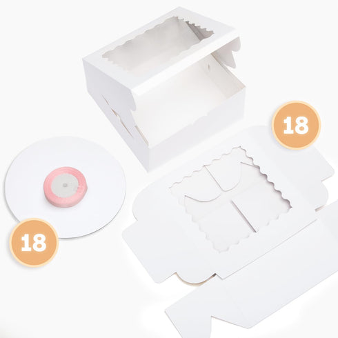 Bakepacker 36pcs Cake Boxes with Window, 8x8x5 Inches, 18-Packs White Bakery Boxes, Includes Cake Boards & Ribbon