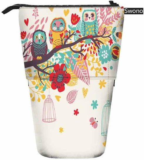 Swono Owls Colored Pencil Case Funny Cartoon Birds Sitting Brunches Standing Pencil Case Pencil Holder Pencil Pouch Cosmetics Pouch Makeup Office Bag Colorful