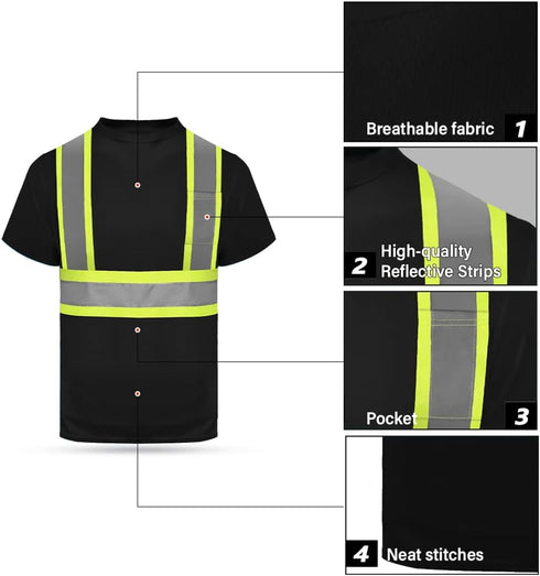 HYCOPROT High Vis Reflective T Shirt Short Sleeve Safety Mesh Quick Dry Shirts (Black, Large)