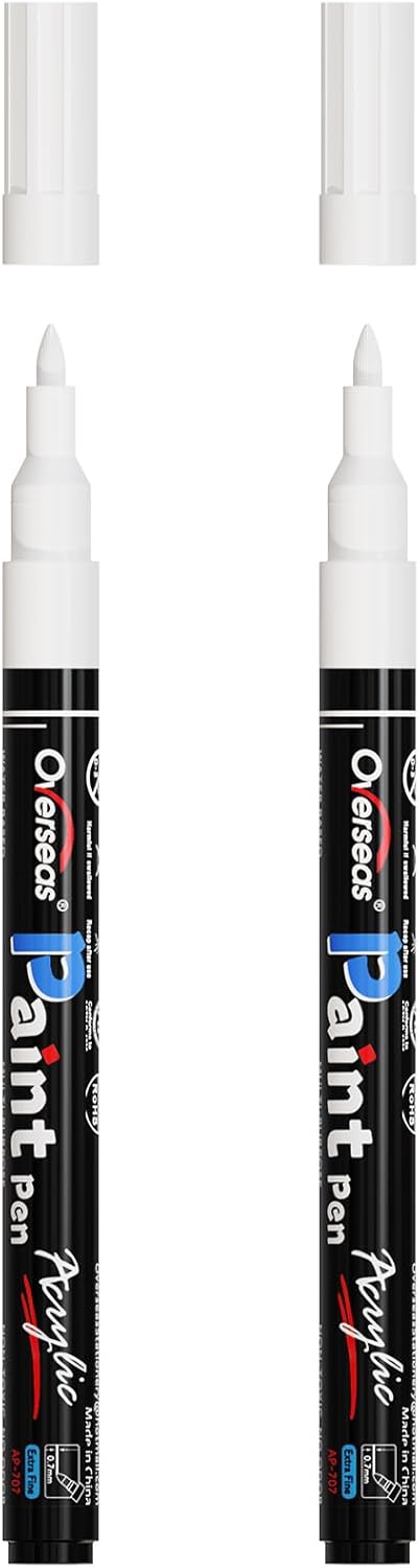 Overseas Paint Pens, White Permanent Acrylic Paint Markers 2 Pack, Water Based, 0.7mm Extra Fine for Various Surfaces