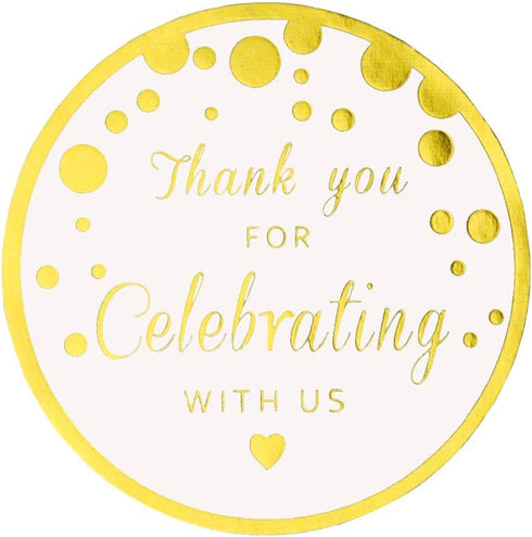 Thank You for Celebrating with Us Stickers, Round Circle Favor Gift Labels, Metallic Gold Ink, 50-Pack, 2 Inch