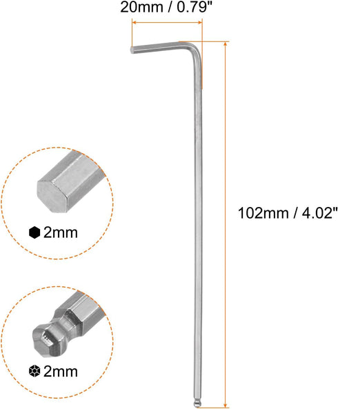 4pcs Ball End Hex Key Wrench 2mm L-Shape Extra Long Arm Hexagon Metric Wrenches Chrome Vanadium Steel Repairing Tool for Home Repair