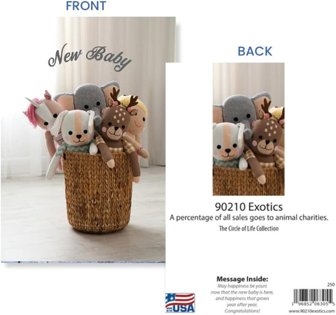 5x7 Cute New Baby Greeting Card - featuring woven basket with adorable stuffed animals Heartwarming Sentiment inside