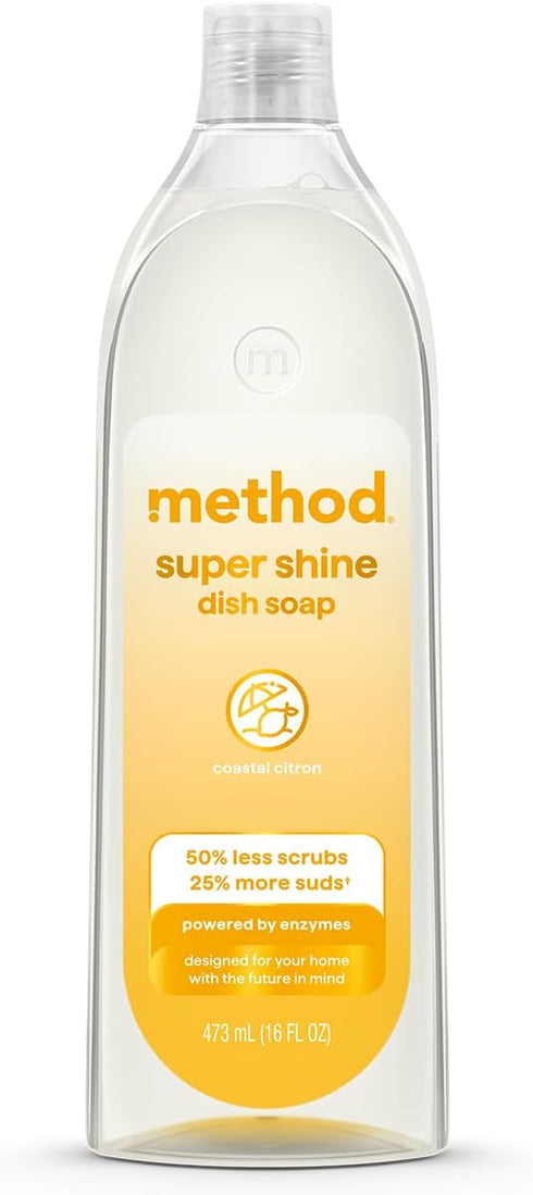 Method Super Shine Liquid Dish Soap, Powered by Enzymes, Coastal Citron Scented,