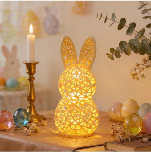 Generic 3D Easter Hollow Rabbit Lamp Bunny Lighted Figurine Print Hollow Out Bunny Lamp Light up Easter Rabbit Statues