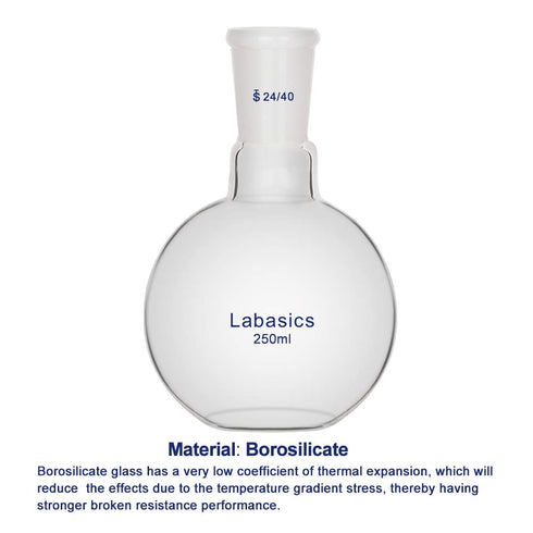 Glass 250ml Single Neck Boiling Flask with 24/40 Standard Taper Outer Joint, 250ml Flat Bottom