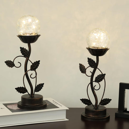 Set 2 Bulb NEEDOMO of Led Table Lamp Bedside Nightstand Lamps, Crackle Glass Ball Led with Bronze Metal Leaf Desk