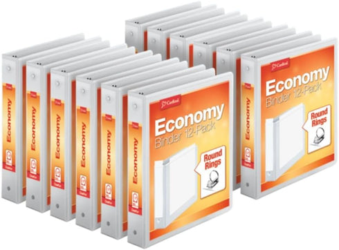 Cardinal Economy 3-Ring Binders, 1.5", Round Rings, Holds 350 Sheets, ClearVue Presentation View, White, Carton of 12