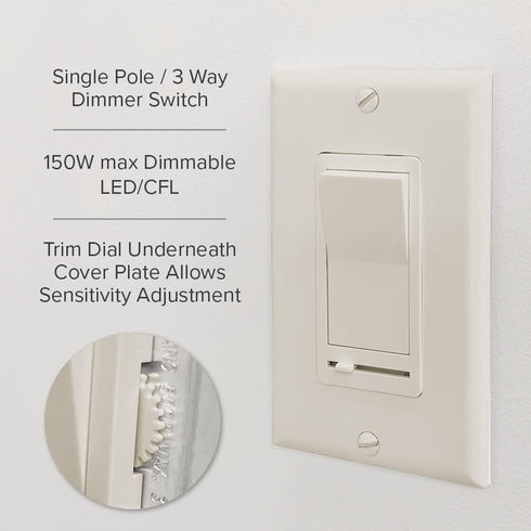 Dimmer 3-Way/Single 600 Maxxima LED Slide Rocker Switch - Pole Compatible, Decorative Electrical Light Switch, Watt