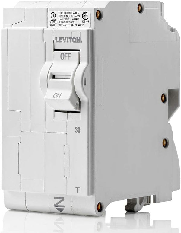 Leviton LB230-T 30A 2-Pole Plug-On Standard Branch Circuit Breaker, Thermal Magnetic, 120/240 VAC, White