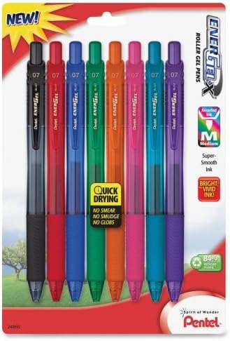 Gel Pens, Retractable.7mm, 8/PK, Assorted Barrel/Ink, Sold as 1 Package by Pentel