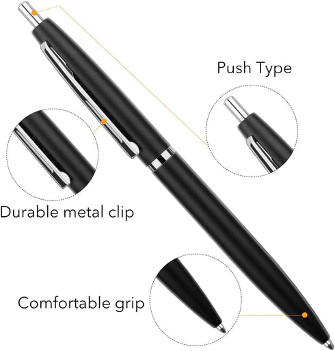 Unibene 6 Pack Black & Silver Click Ballpoint Pens - 1.0mm Medium Point Black Ink with 6 Stainless Steel Refills