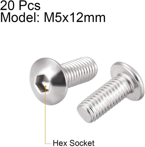 uxcell M5x12mm Machine Screws - Hex Socket Round Head Screw, 304 Stainless Steel Fasteners, 20pcs