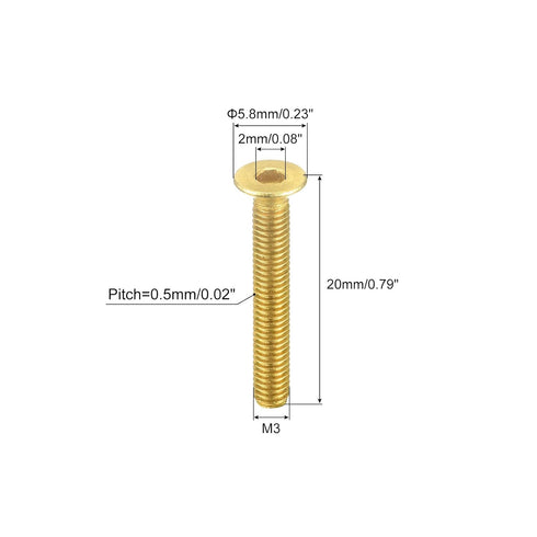 uxcell Flat Head Socket Cap Screws, M3-0.5 x 20mm Brass Inner Hex Drive Fasteners, 50Pcs