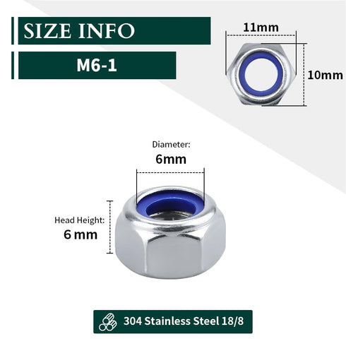 M6-1.0 (50 pcs) Nylon Insert Hex Lock Nuts, 304 Stainless Steel 18-8 Locknut, Bright Finish, DIN985