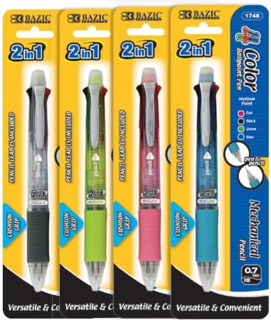 BAZIC 2-In-1 Mechanical Pencil and 4-Color Pen with Grip, Assorted 1-Pack