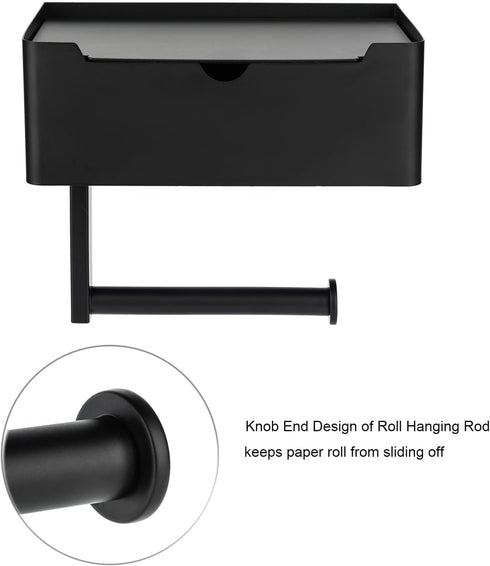 Toprema Matte Black Toilet Paper Holder Tissue Roll Hanger with Shelf Flushable Wipes Dispenser Storage Box Large
