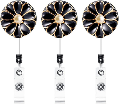 Retractable Badge Holder, ID Badge Reel with Pearl, 3 Pack, Black