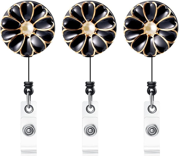 Retractable Badge Holder, ID Badge Reel with Pearl, 3 Pack, Black
