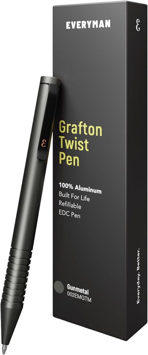 Everyman Grafton Mini Twist Refillable Ball Point Pen, 0.7mm Gunmetal Aluminum Pocket Pen for Office & Travel