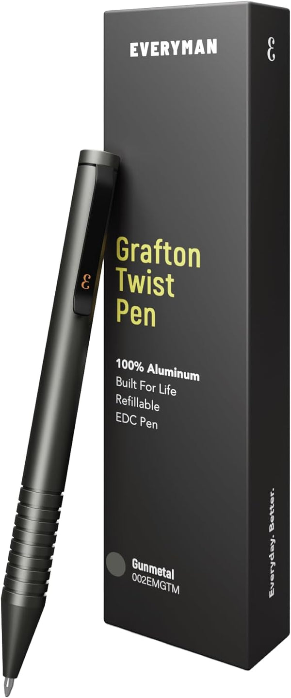 Everyman Grafton Mini Twist Refillable Ball Point Pen, 0.7mm Gunmetal Aluminum Pocket Pen for Office & Travel