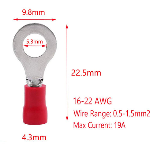 ESUPPORT 100Pcs Red Copper Ring Insulated Terminals Connectors, 16-22 Ga Crimp Wire Electrical Cable Kit Quick Splice M5