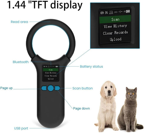 Rabitpos 1.44 500 800mAh 3-in-1 Pet Microchip Scanner, Animal Universal Microchip Tag Reader Scanner with TFT Screen
