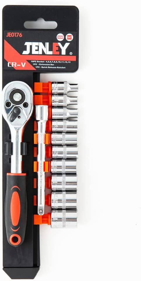 Ratchet Socket Wrench Set, 1/4 Inch Drive Mechanic Tool Kit with 12-Pieces Metric Sockets and Extension Bar