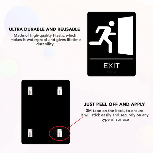 Exit Sign with Braille Grade II for Door & Wall, Comes with Graphical Symbols and Double Sided 3M Tape