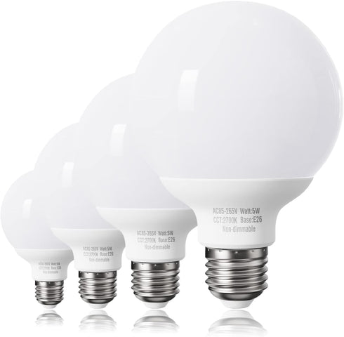 4 Pack Warm White LED Globe Light Bulbs for Bathroom, E26 Medium Base, 120V 60 Watt Equivalent, Not Dimmable, 2700K G25