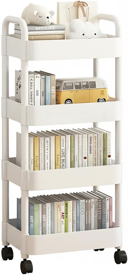 4-Tier Rolling Utility Cart with Handle Multi-Functional Storage Trolley with Wheels, Movable Organizer for Kitchen