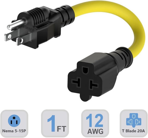 1-FT 15 Amp Household AC Plug to 20 Amp T Blade Adapter Cable 12AWG Nema 5-15P to 5-20R,5-15P to 6-15R/20R 20-Amp to 15-Amp Plug-Adapter Cord,Heavy Duty 15A 125V to 20A 250V Extension-Cord