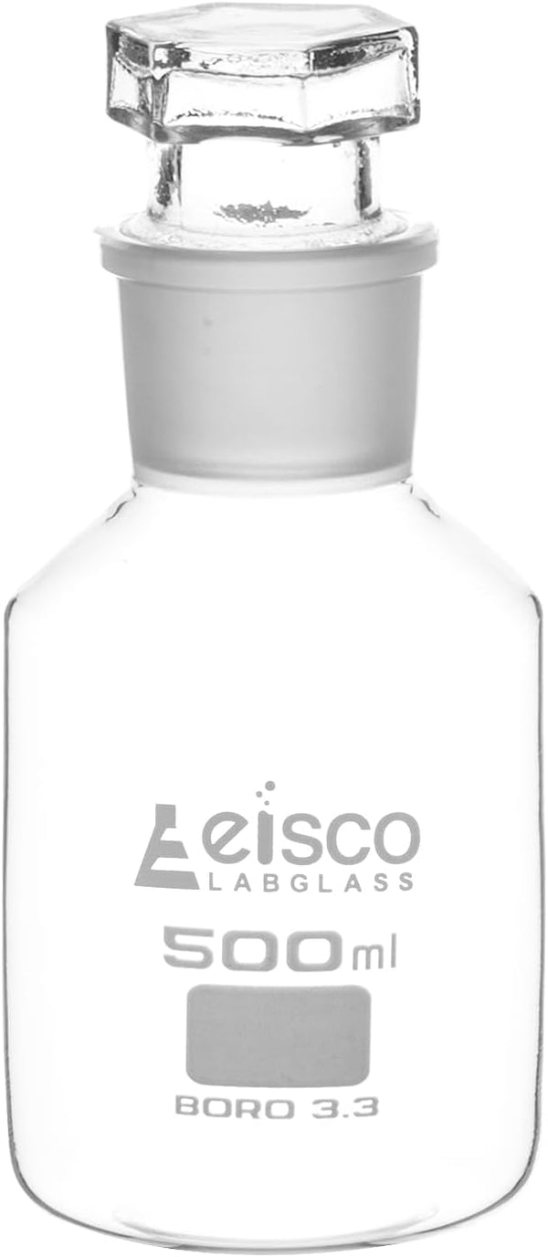 EISCO Labs 500ml Borosilicate Glass Reagent Bottle with Wide Mouth and Penny Stopper