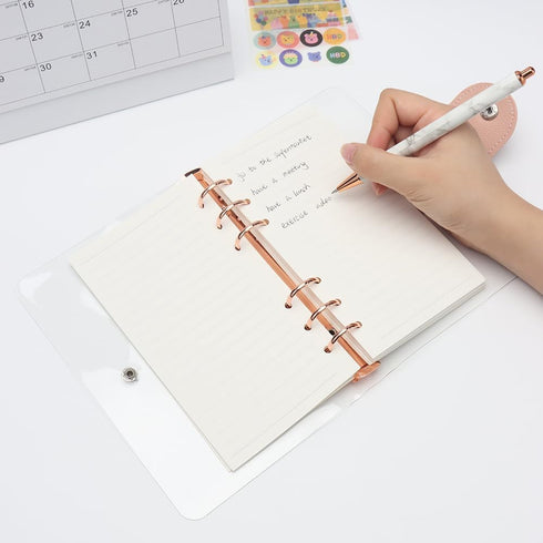 Clear A6 Binder, 6-Ring Soft PVC Cover, Rose Gold Round Ring, PU Leather Snap Button Refillable Notebook Protector with