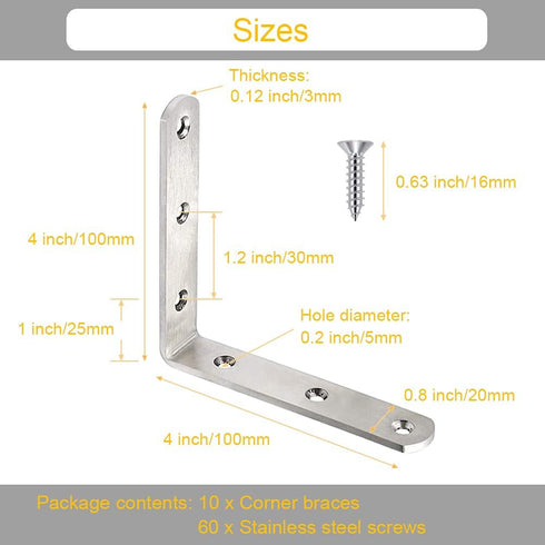 10 Pack 4 Inch 90 L Bracket Corner Braces Stainless Steel Heavy Duty Shelf Bracket for Wood Shelves, Wall Hanging