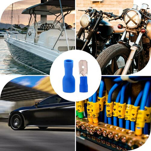 100PCS Spade Terminal 16-14 AWG Male Female Insulated Wire Connectors, Electrical Crimp Connectors (Blue/SPSL)