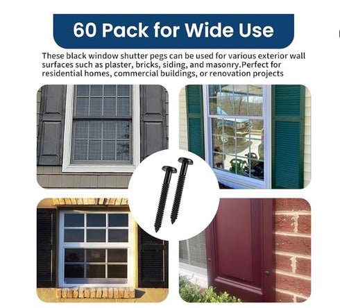 WindowPro 60 3 Inch Pcs Vinyl Shutter Fastener Window Panel Peg Lok Pin Pegs Screws Shutter Spikes Anchor (Black)
