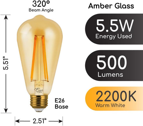 Euri Lighting VST19-3020ea Dimmable LED ST19 Filament Bulb, 5.5W (60W Equivalent), Warm White 2200K, E26, 120V