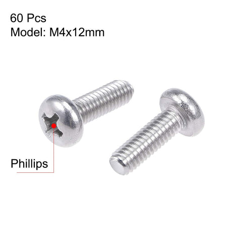 uxcell M4x12mm Machine Screws Pan Phillips Cross Head Screw 304 Stainless Steel Fasteners Bolts 8mm Head Dia 60Pcs