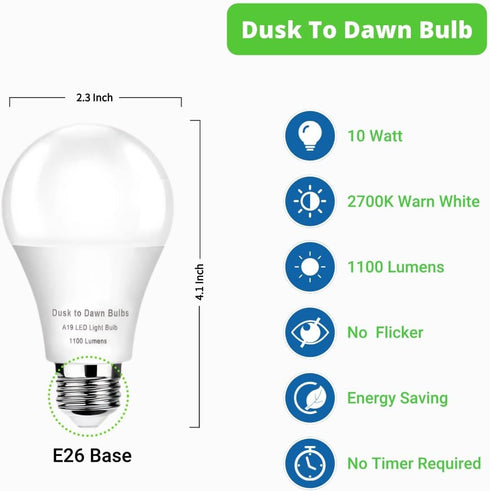 4 Pack Dusk to Dawn Light Bulbs, Outdoor A19 LED, 2700K Warm White 1100LM, Auto on/Off Photocell for Indoor & Outdoor