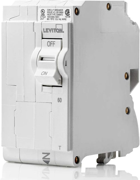 Leviton LB260-T 60A 2-Pole Circuit Breaker, Plug-On Standard, Thermal Magnetic, 120/240 VAC, White