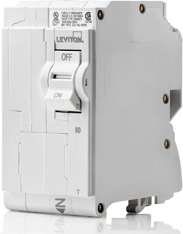 Leviton LB260-T 60A 2-Pole Circuit Breaker, Plug-On Standard, Thermal Magnetic, 120/240 VAC, White