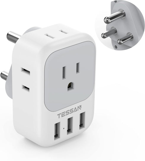 TESSAN South Africa Power Adapter, Type M Travel Plug with 4 AC Outlets & 3 USB Ports for US to South Africa